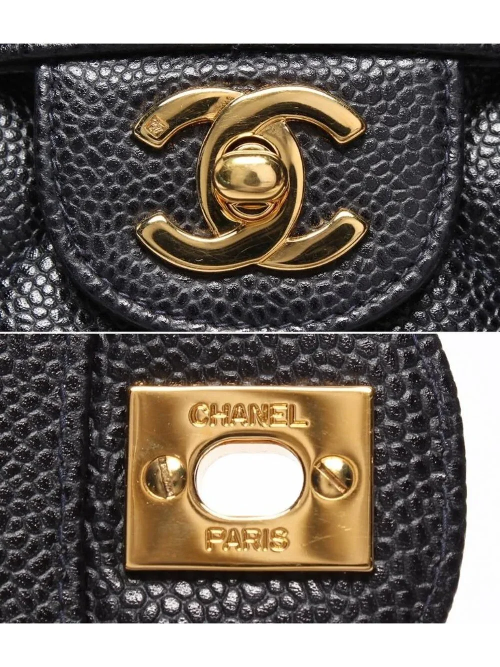 Chanel Chain Shoulder Bag Quilted Caviar Leather Gold Double
